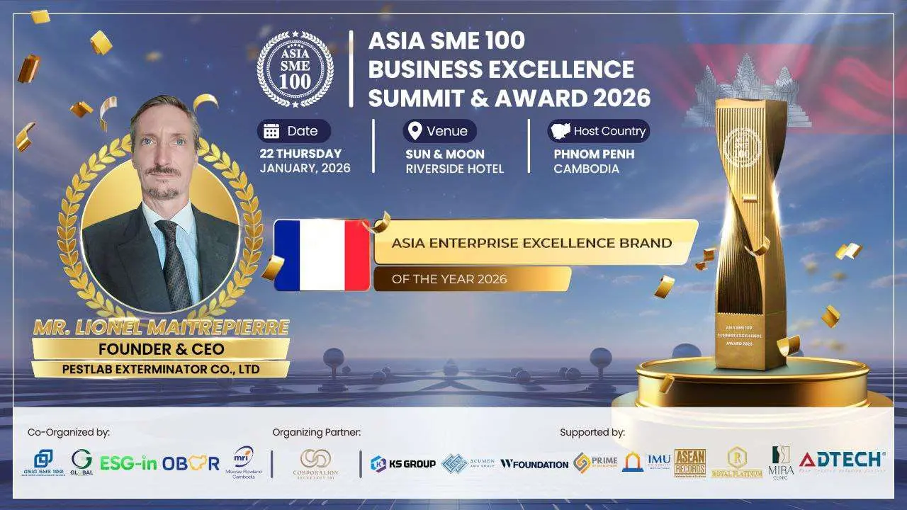 Asia Enterprise Excellence Brand of the Year 2026 award for PestLab Exterminator at Asia SME 100 Summit Phnom Penh
